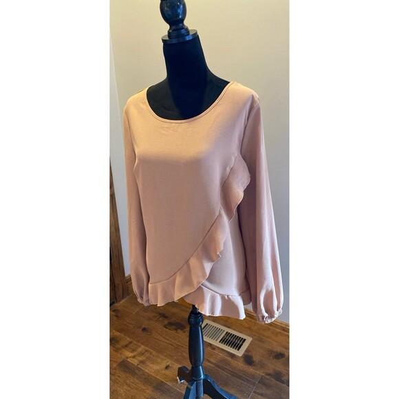 Shein Blouse Plus Size XL Tan Faux Wrap Style w/ Ruffle Hi Low Hem Travel Top - Picture 3 of 9